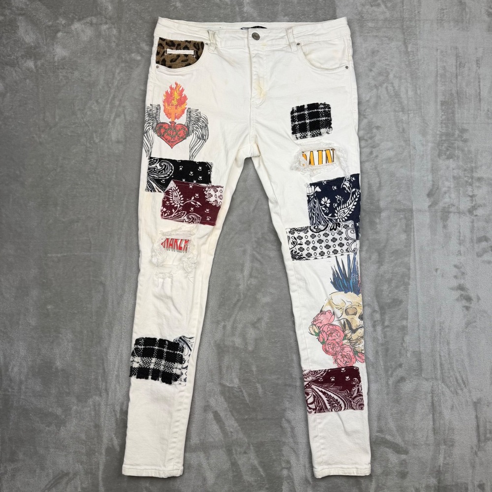 Embellish NYC Mens White Patchwork Graphic Distressed Slim Jeans Size 36 Skull